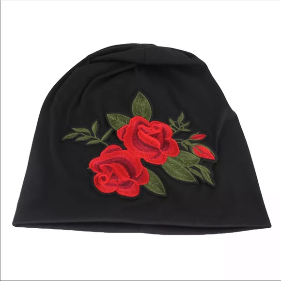 Embroidered Rose Black Beanie - Picture 2 of 5